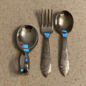 Silverplate Baby Spoon Fork Curved Handle Spoon 3 Pc Set Antique Winthrop